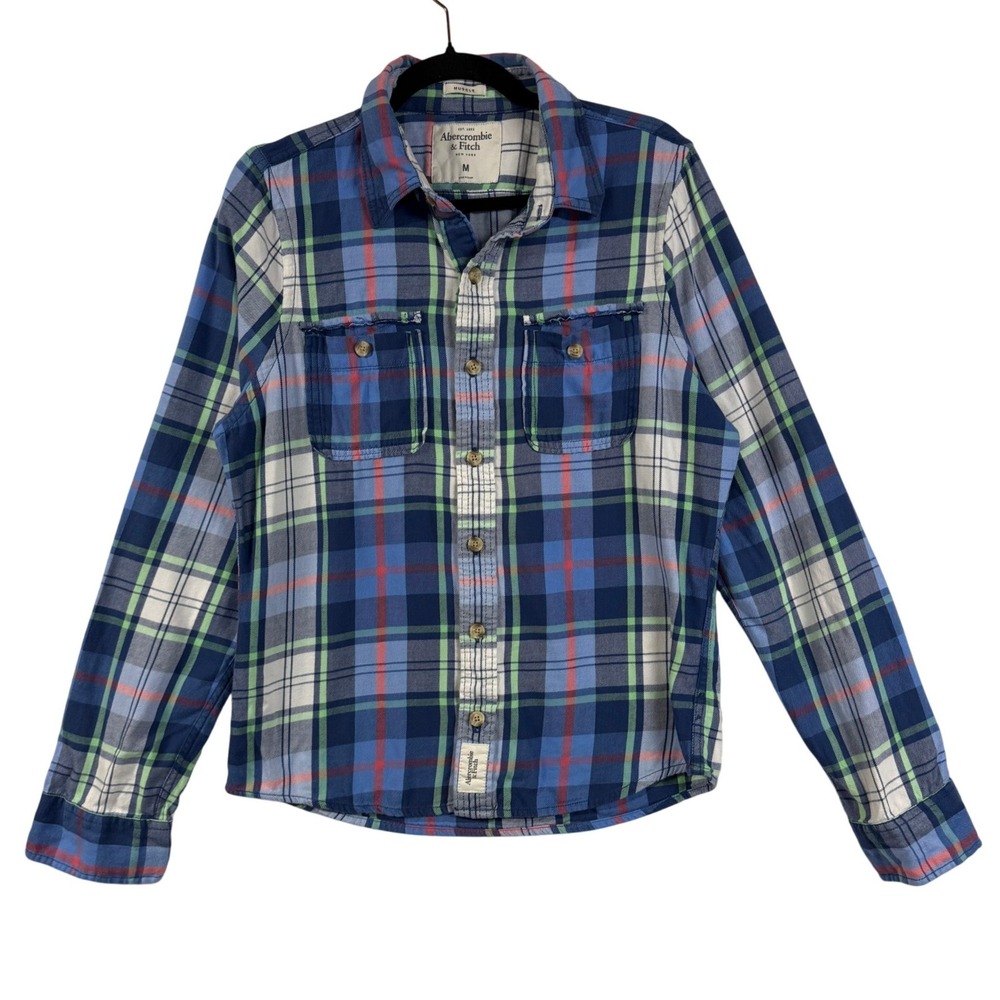 Abercrombie & Fitch M Blue Plaid Muscle Fit Button Down Shirt Distressed Grunge